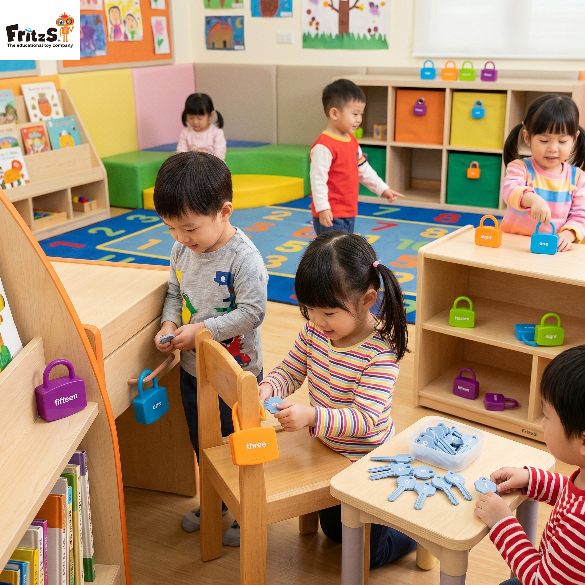 Children playing with educational toys in a classroom setting.