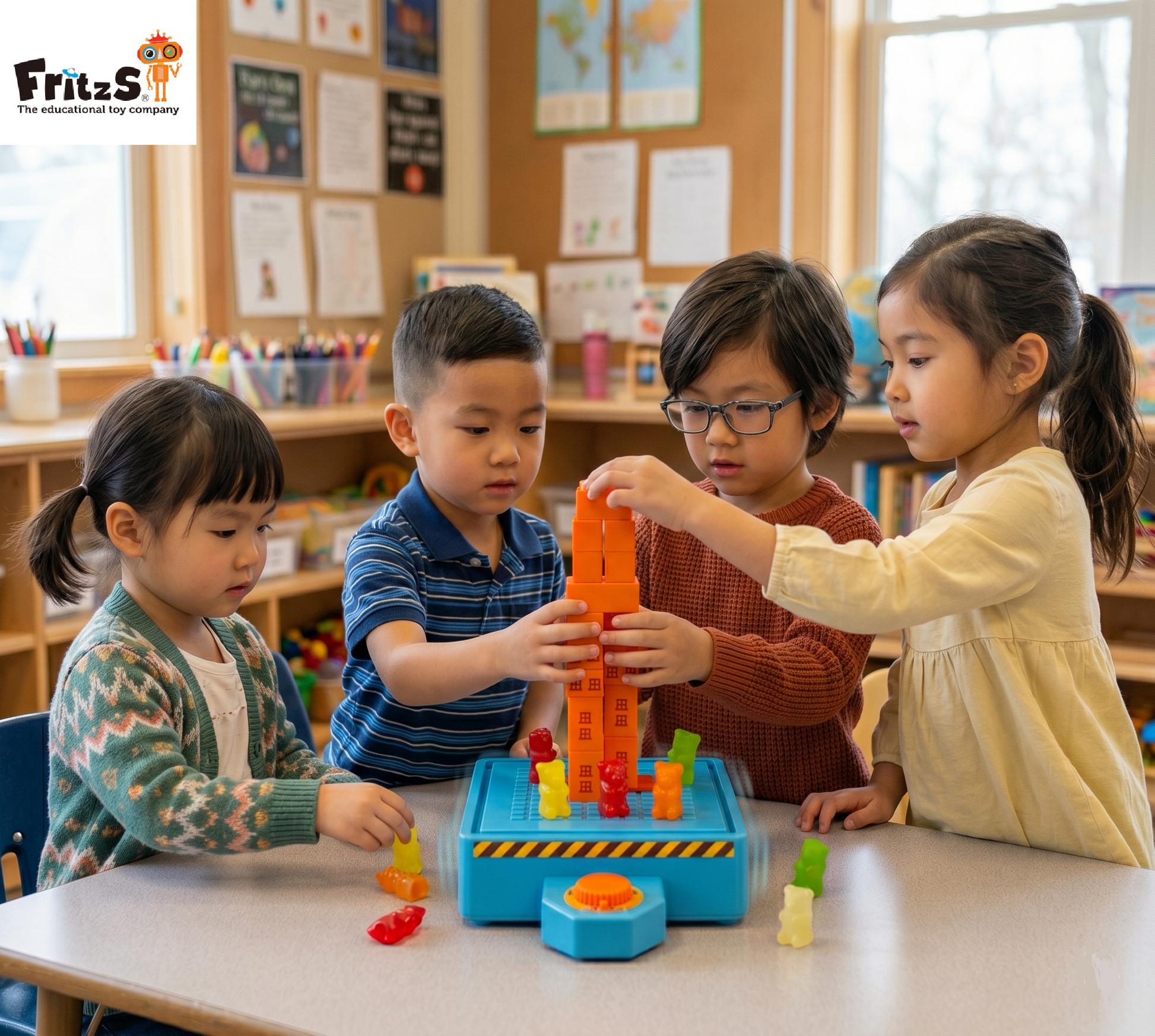 Children playing with FritzS LEC4021 Earthquake Engineering STEM Kit in a classroom setting