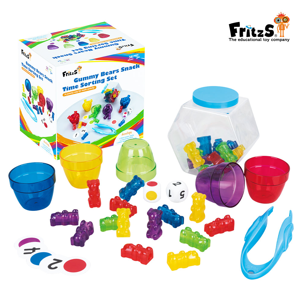 FritzS Learning LEC3413 Gummy Bears Snack Time Sorting Math Set- |軟糖熊分類學習組|包含夾子與零食杯的幼兒蒙特梭利教具|