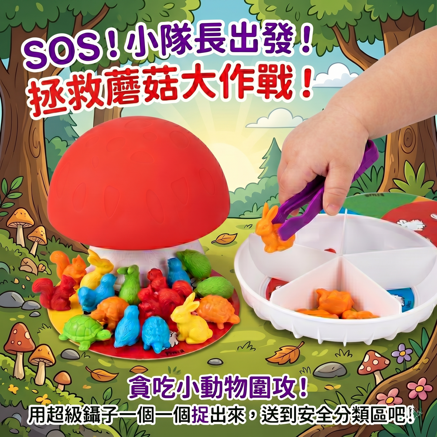 FritzS Children's game with colorful animals and a red mushroom-like structure in a forest setting.