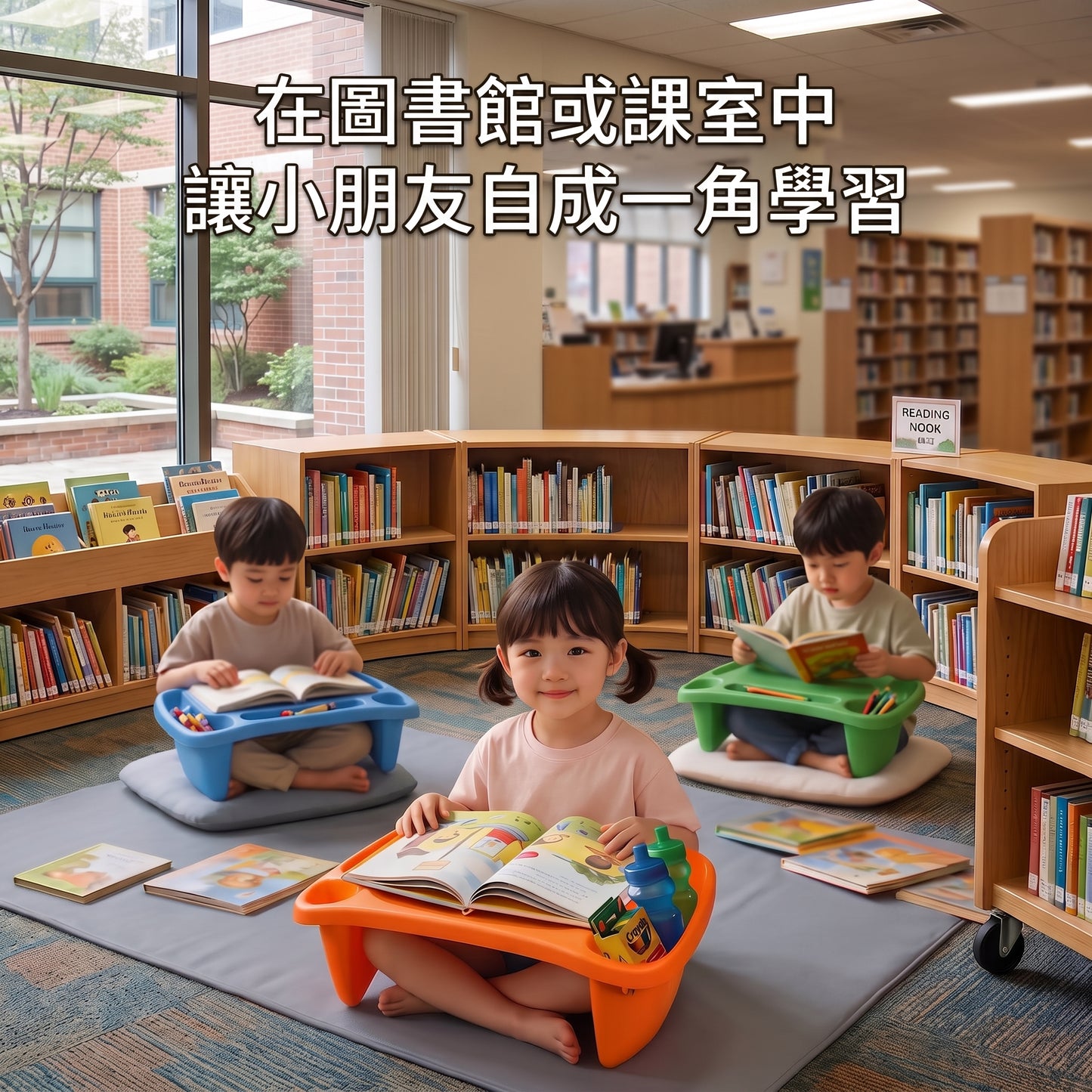 Three children reading at small colorful lap desks in a library or classroom, surrounded by bookshelves and large windows. Chinese text is overlaid at the top.