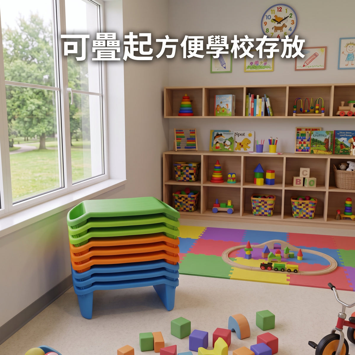 A stack of colorful plastic stacking tables in a children's room, with large white Chinese text overlaid at the top reading '可疊起方便學校存放'. The room includes a window, wooden toy shelves, a play mat, and scattered toy blocks.