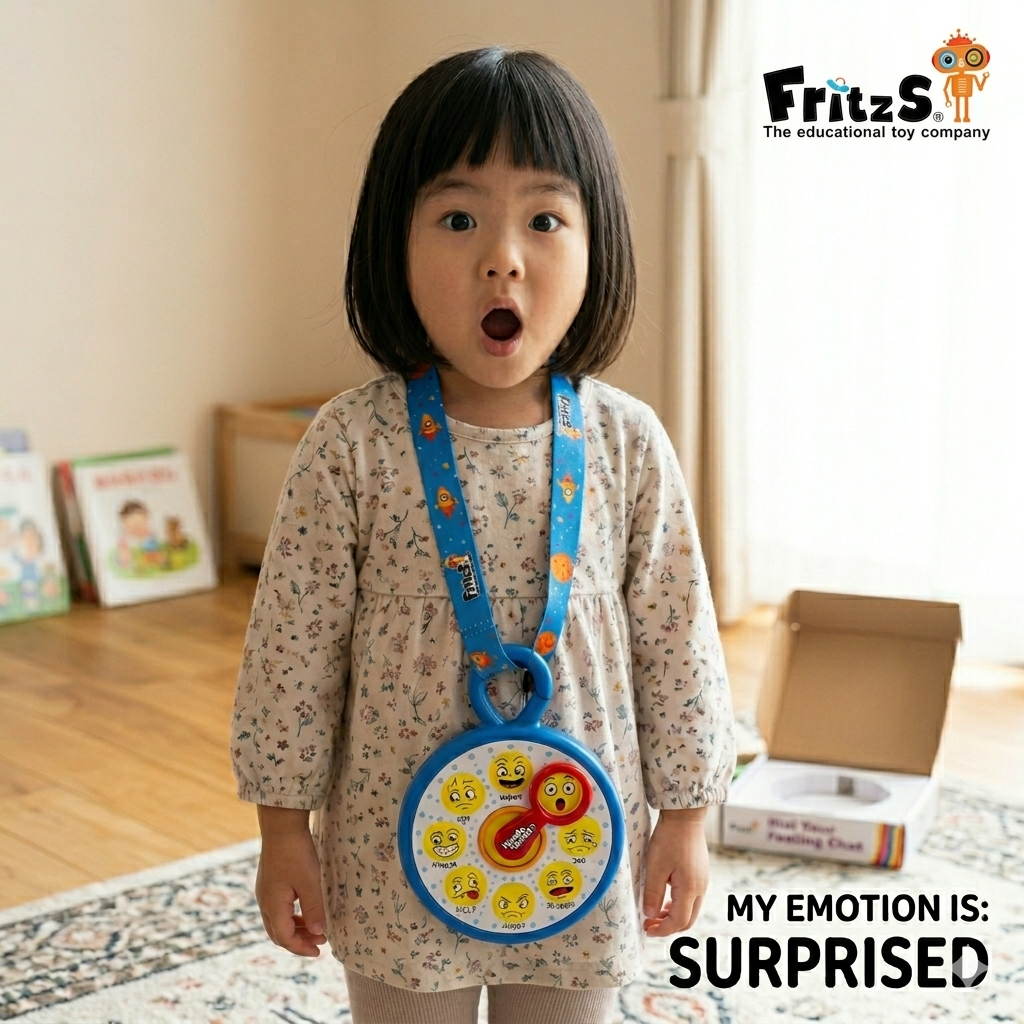 Child wearing the FritzS LEC4203 emotion dial up chart to express her feeling